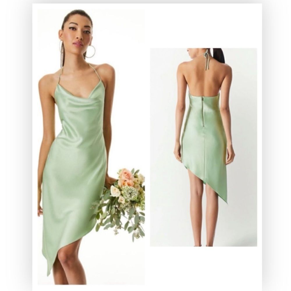 Alice + Olivia Harmony Assymetric Satin Slip Dress in Light Sage NWT $395
